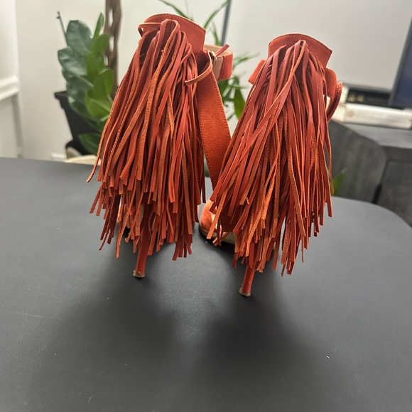 Nine West Hustle Fringe Suede High-Heel Sandals Orange - Picture 5 of 8